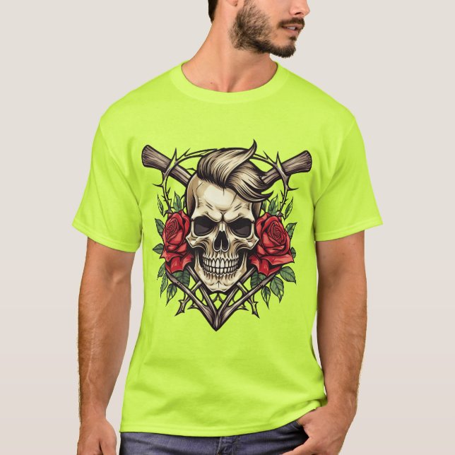 T-shirt Tatouage crânien "Rock & Rose" (Devant)