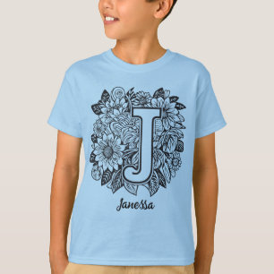 T-shirt Tatouage Fleurs Monogramme Lettre J Noir et Blanc
