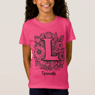 T-Shirt Tatouage Fleurs Monogramme Lettre L Noir et Blanc