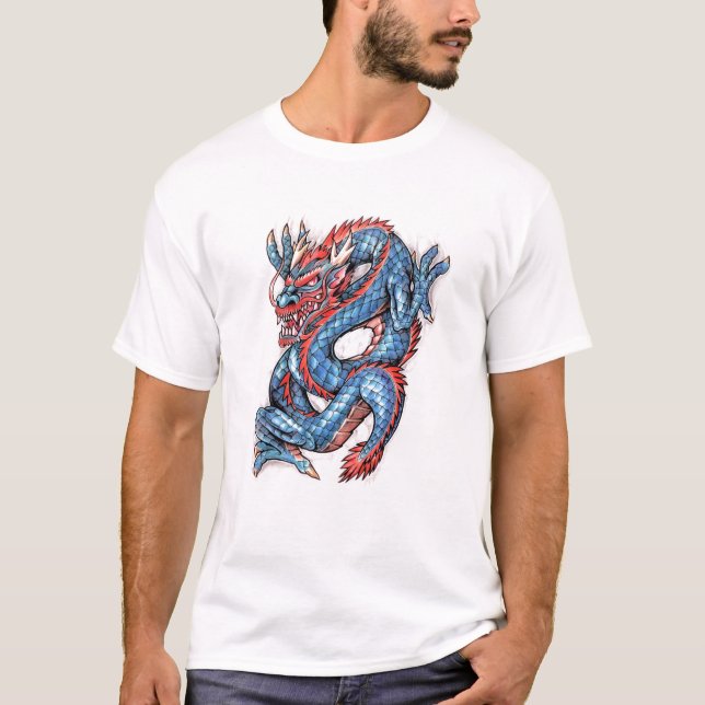 T-shirt Tatouage oriental bleu frais de dragon (Devant)