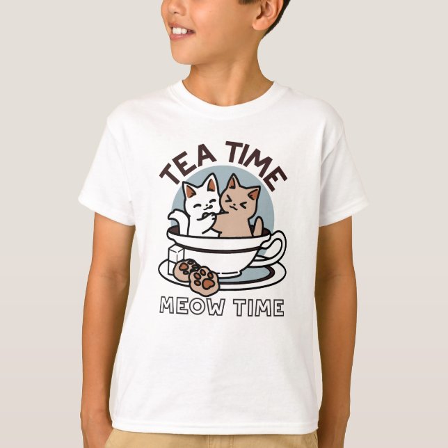 T-shirt Tea Time Meow Time - Cute Cat and Tea Design (Devant)