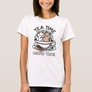 T-shirt Tea Time Meow Time - Cute Cat and Tea Design