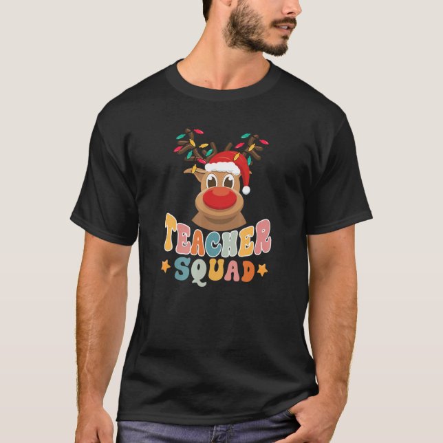 T-shirt Teacher Squad Reindeer Santa Hat Lights Christmas  (Devant)