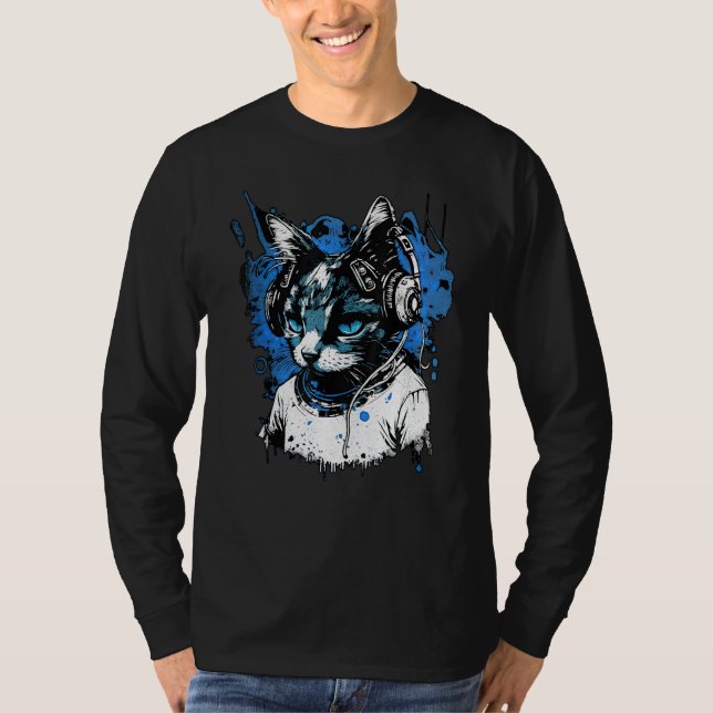 T-shirt Tech House Dj Cat Rainbow Headphones Music (Devant)