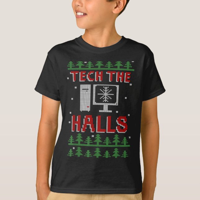 T-shirt Tech The Halls Ugly Computer Geek Festive Christma (Devant)