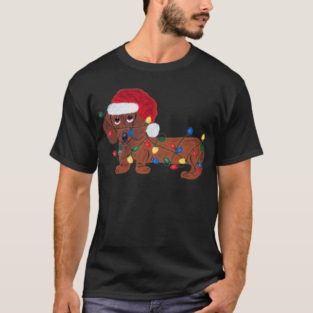 T-shirt Teckel embrouillé dans des lumières de Noël (Devant)