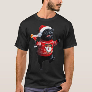 T-shirt Teckel noir de Noël dansant avec un cocktail
