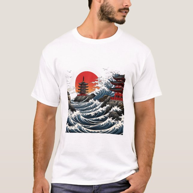 T-shirt Temple Wave Art - Ukiyo-e Japanese Sunset Design (Devant)