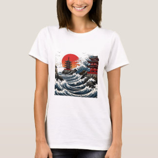 T-shirt Temple Wave Art - Ukiyo-e Japanese Sunset Design