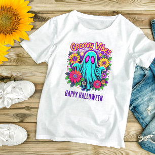 T-shirt Tendance Néon Floral Rétro Fantôme Groovy Hallowee