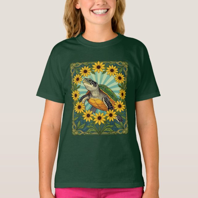 T-shirt Terrapin And Black Eyed Susan Flowers Art Nouveau  (Devant)