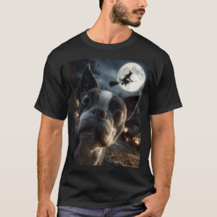 T-shirt Térrier de Boston selfie pleine lune sorcière vola