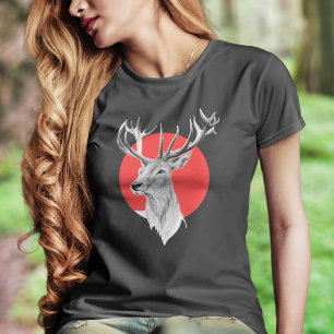T-shirt Tête de cerf Dessin de cerf Cercle rouge Art anima