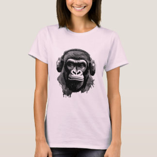 T-shirt Tête de gorille avec écouteurs noir et blanc