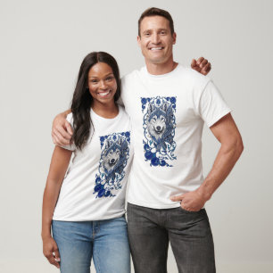 T-shirt Tête de loup bleu mystique Conception de mandala