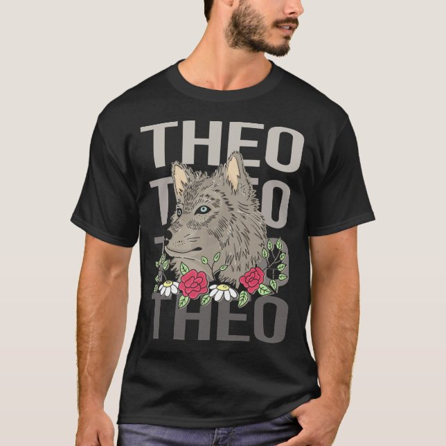 T-shirt Tête de loup - Nom de Theo (Devant)