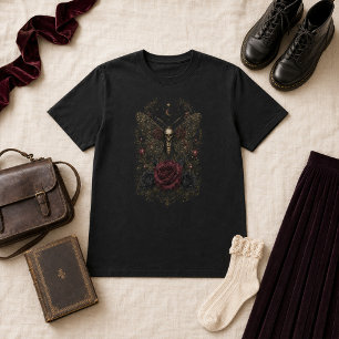 T-Shirt Tête de mort papillon gothique victorien Roses Bou