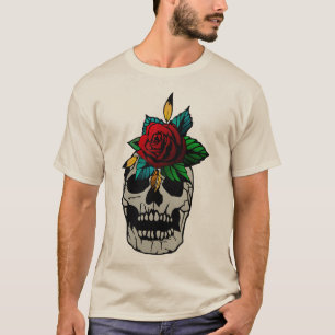 T-shirt tete de mort rose fleur feuille crane tattoo 9