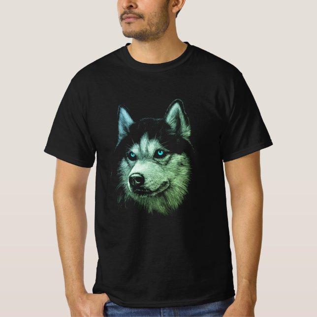 T-shirt Tête de portrait Husky Sibérien Avec Yeux Bleus (Devant)