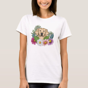 T-shirt Tête De Retriever Jaune Dorée Avec Fleurs Colorées
