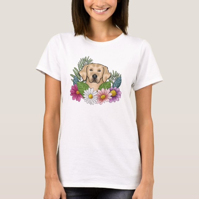 T-shirt Tête De Retriever Jaune Dorée Avec Fleurs Colorées (Devant)