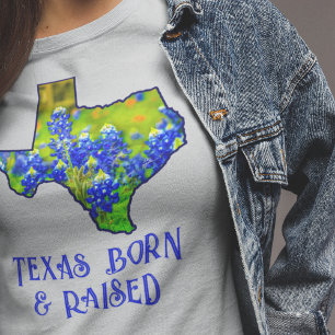 T-shirt Texas Né Élevé Bleuets État du Texas Gris