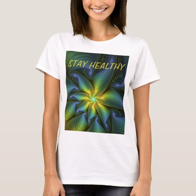 T-shirt Texte Abstrait étoile bleu brillant vert doré (Devant)