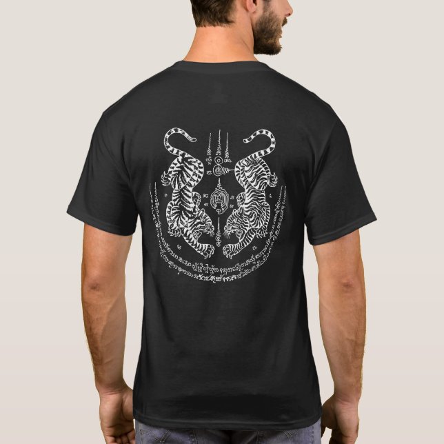 T-shirt Thai Tattoo Designs Tiger " Yant Suea Koo " White (Dos)