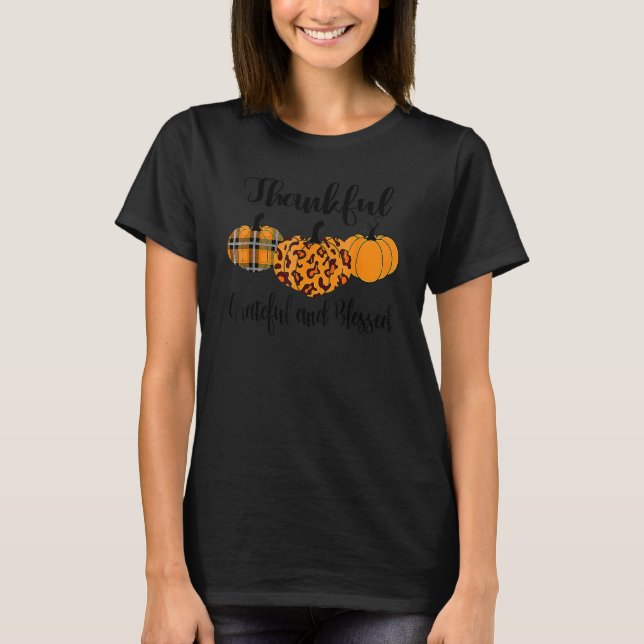 T-shirt Thankful Grateful Blessed Plaid Leopard Pumpkin Th (Devant)