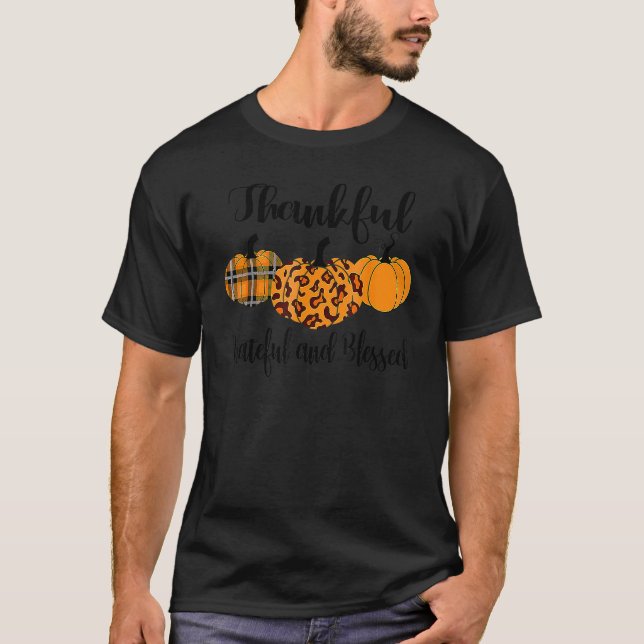 T-shirt Thankful Grateful Blessed Plaid Leopard Pumpkin Th (Devant)