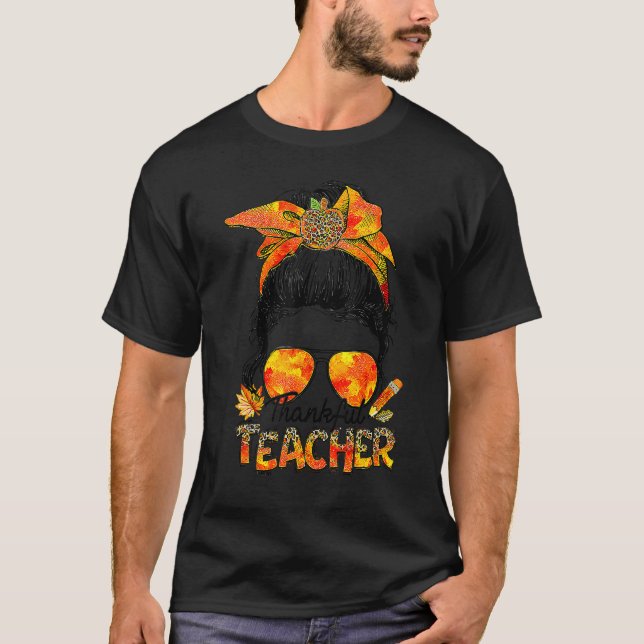 T-shirt Thankful Teacher Leopard Messy Bun Autumn Thanksgi (Devant)