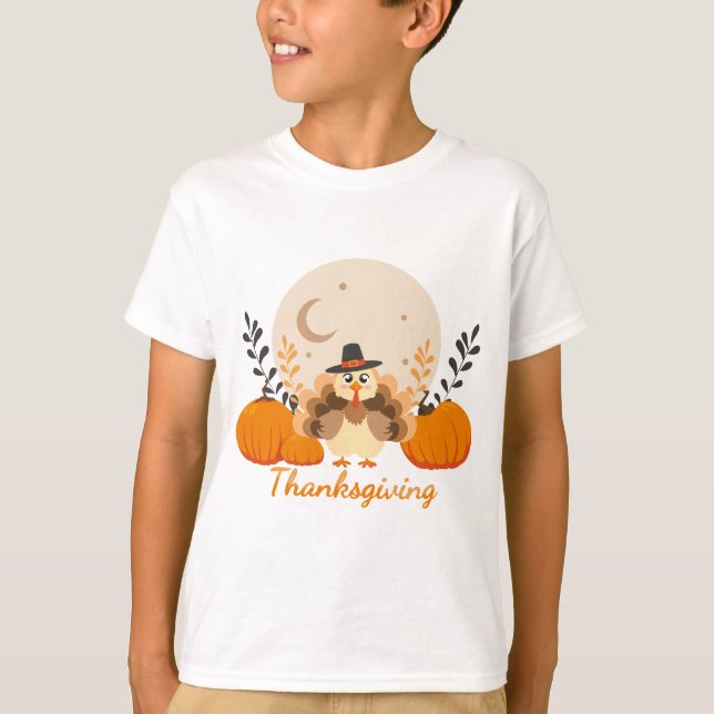 T-shirt Thanksgiving Cute Fall Turkey Orange Pumpkins (Devant)