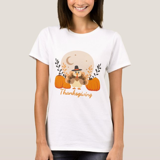 T-shirt Thanksgiving Cute Orange Turkey Pumpkin  (Devant)
