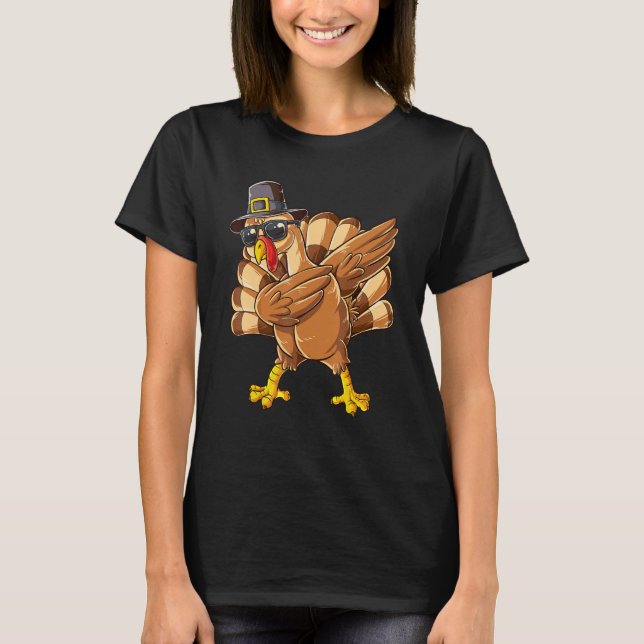 T-shirt Thanksgiving Day Dabbing Turkey Pilgrim Boys Girls (Devant)