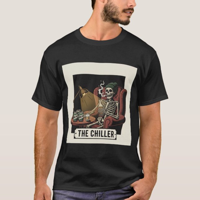 T-shirt The Chiller Skeleton Relaxing with Beer and Cigare (Devant)