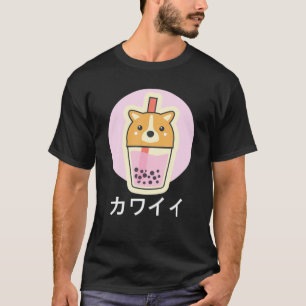 T-shirt Thé de bulle, mignonette Kawaii Shiba Chien, Kanji