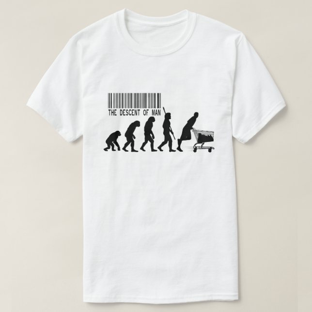 T-shirt The Descent of Man Funny Evolution Parody Shopping (Design devant)