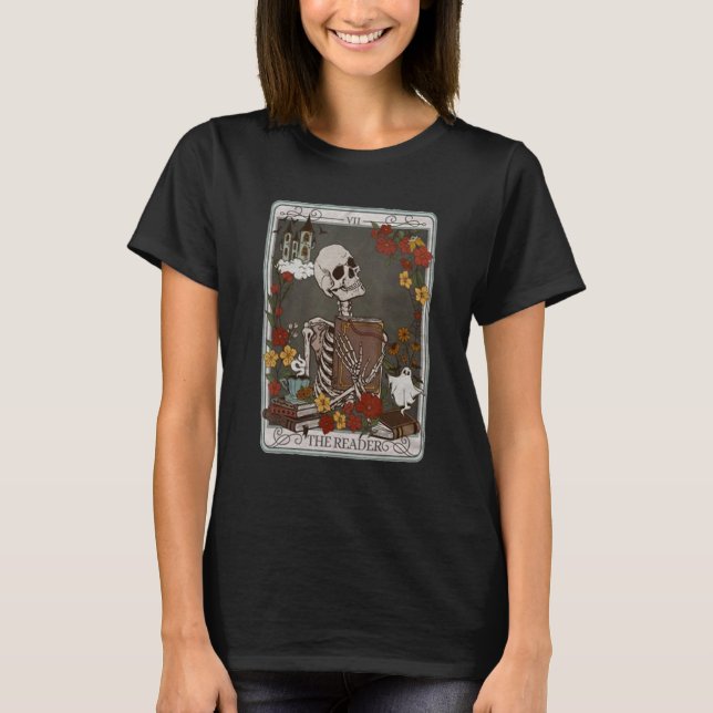 T-shirt The Reader Tarot Card Bookish Skeleton Librarian B (Devant)