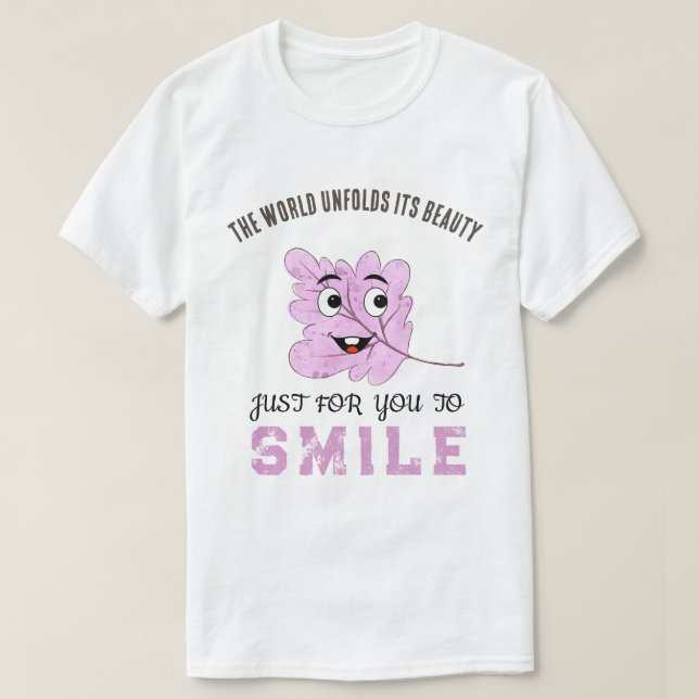 T-shirt "The World Unfolds Its Beauty" Purple Smiling Leaf (Design devant)