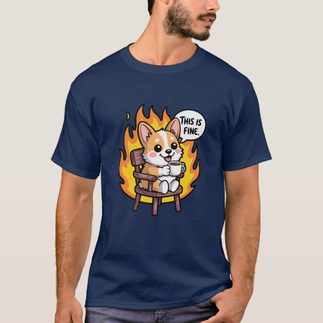 T-shirt This Is Fine Funny Cartoon Corgi Meme friend (Devant)