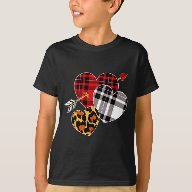 T-shirt Three Hearts Leopard Buffalo Plaid Valentines Day  (Devant)
