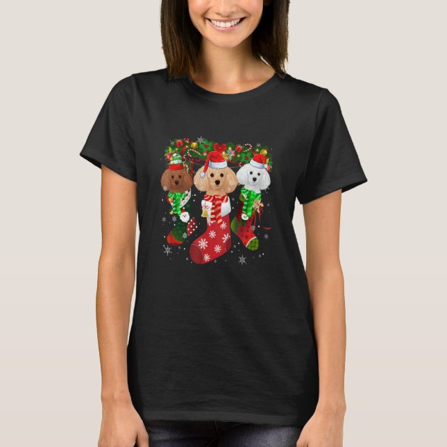 T-shirt Three Poodle In Socks Christmas Santa Hat   (Devant)
