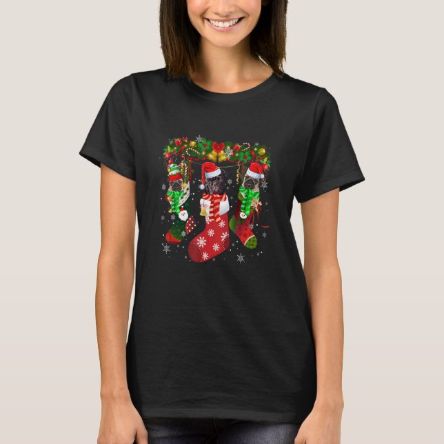 T-shirt Three Pug In Socks Christmas Santa Hat (Devant)