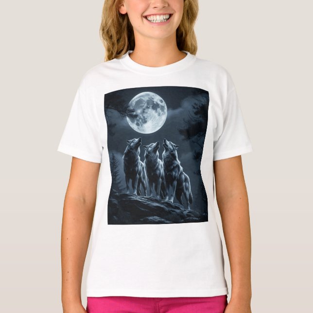 T-shirt Three Wolves Howling at the Full Moon - Three Wolf (Devant)