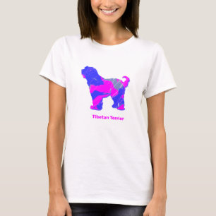 T-shirt Tibétain Terrier Chien Silhouette rose chaud et bl