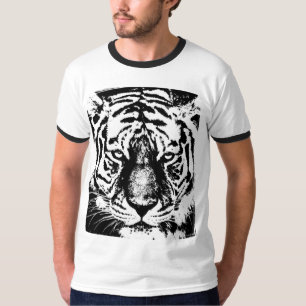 T-shirt Tiger Face Mens Basique Ringer Noir & Blanc