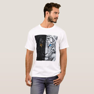 T-shirt Tigre à feu demi-noir demi-blanc Art numérique
