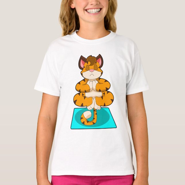 T-shirt Tigre au Yoga sur tapis de Yoga (Devant)