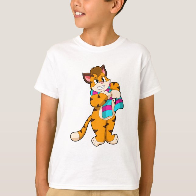 T-shirt Tigre en hiver avec Écharpe (Devant)