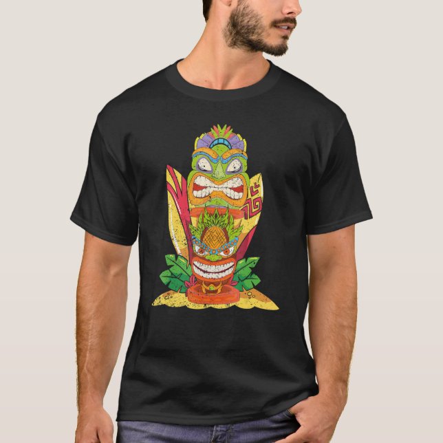 T-shirt Tiki Masque Statue Hawaiienne Surfboard Polynésien (Devant)